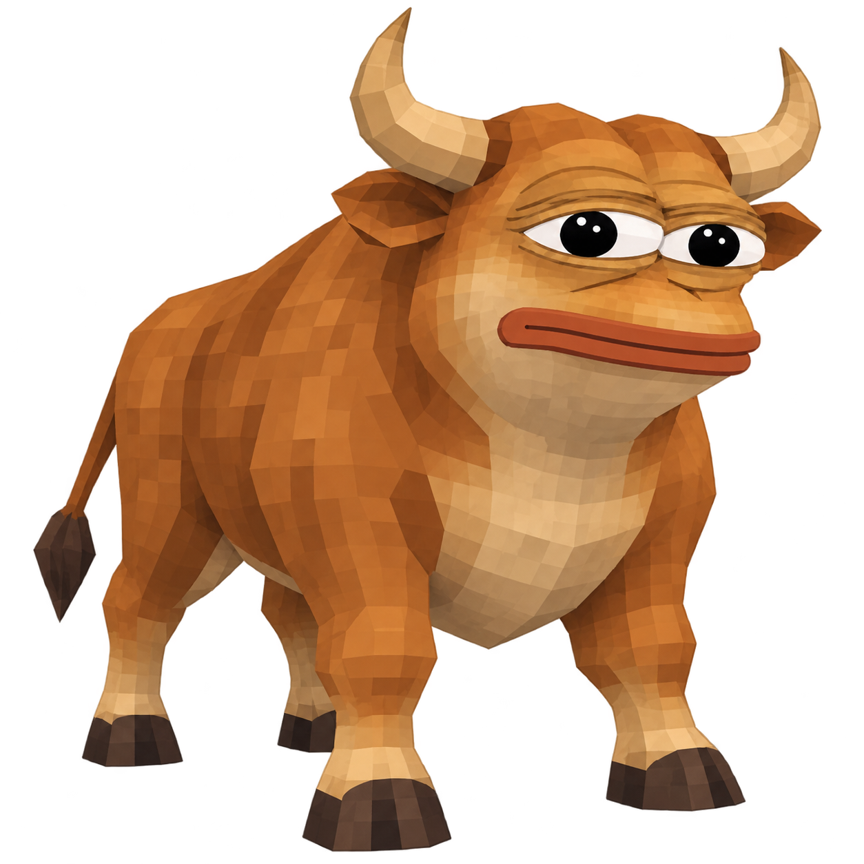 Bull Pepe, a broad low-poly brown bull with gentle Pepe eyes and golden horns